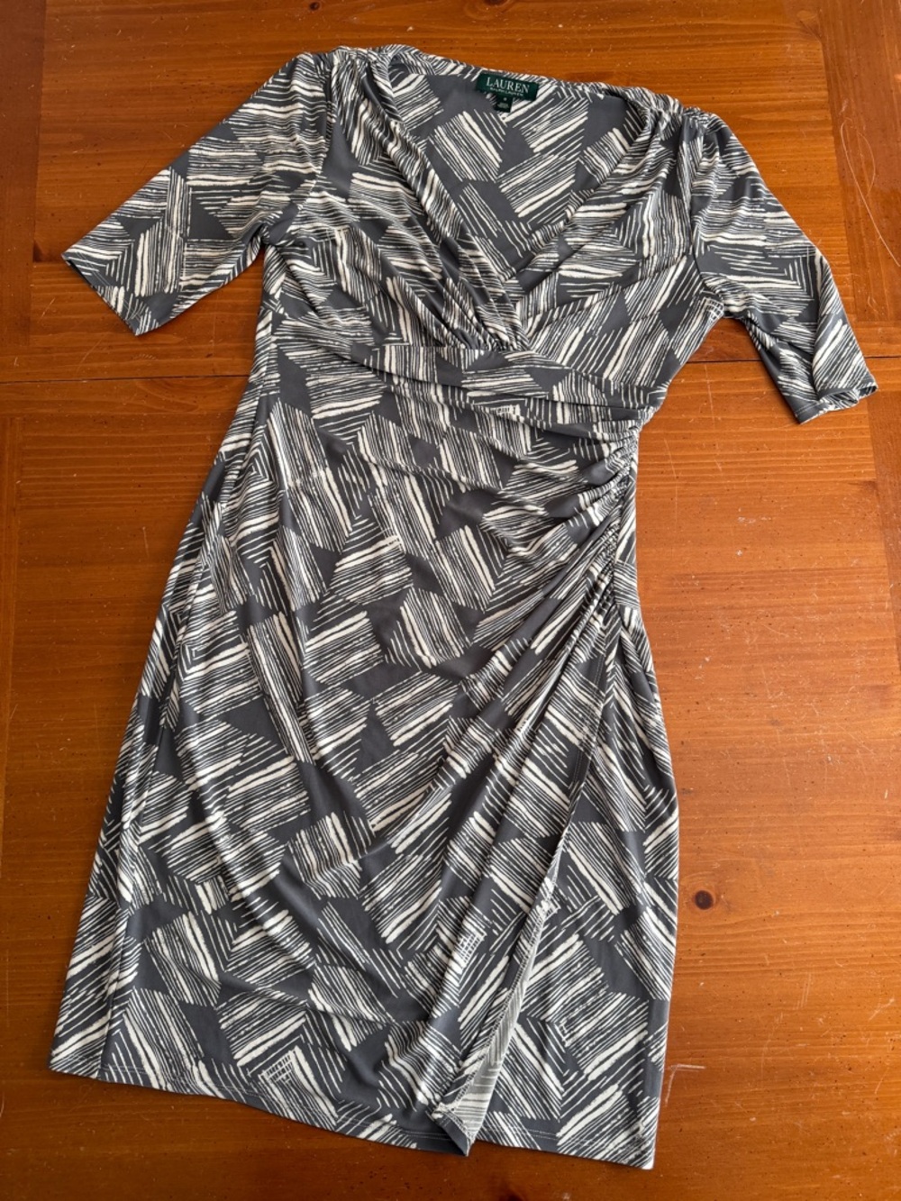 Ralph Lauren Gray and Cream Faux-Wrap Midi Dress
